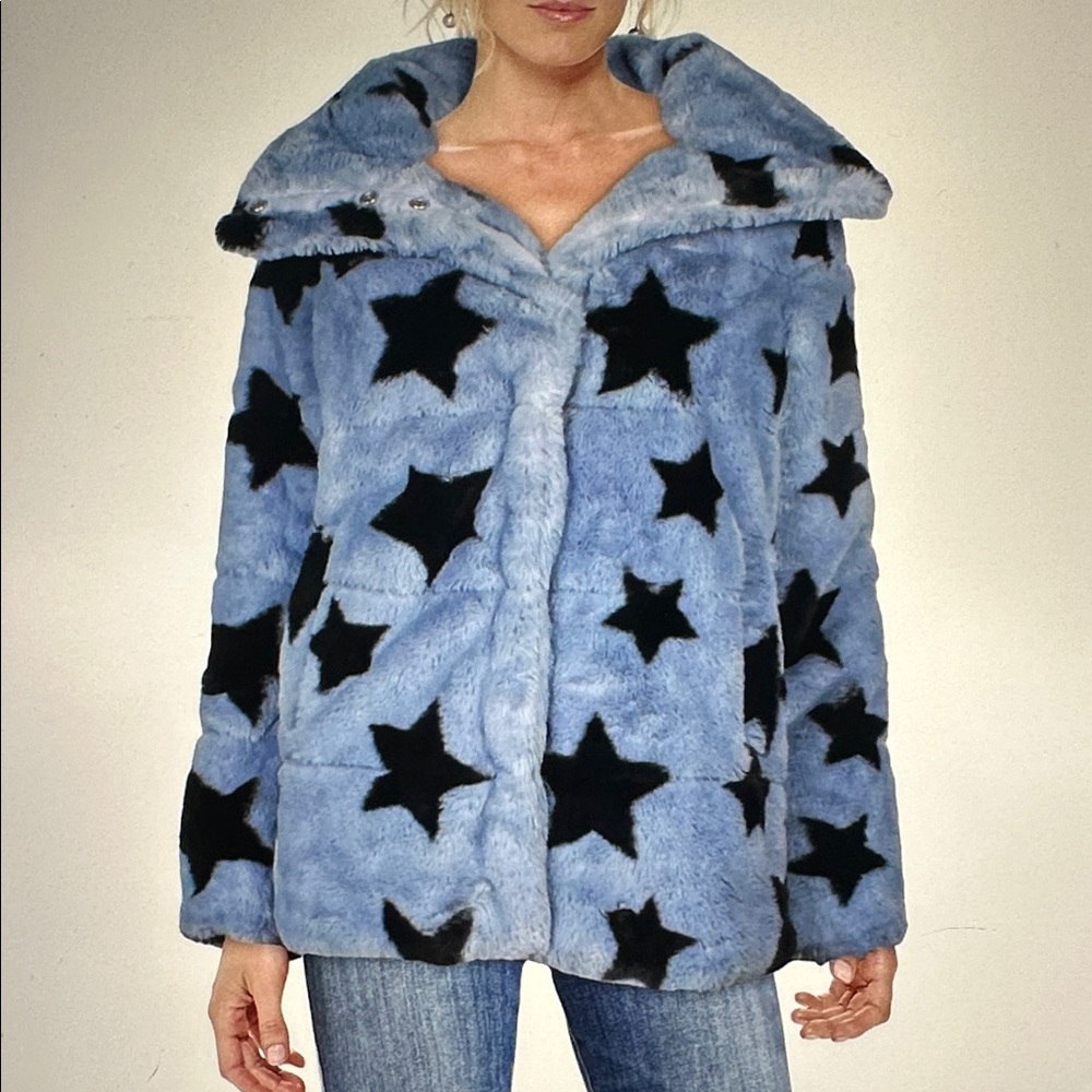 New with Tag! NVLT Blue Star Pattern Faux Fur Coat sz Small